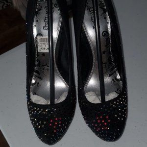 Black and multicolored rhinestone heels